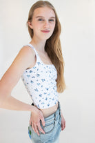 Patterned Picot Trim Bodice Tank Blue Floral