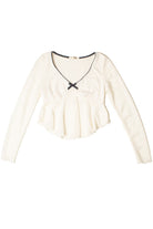 Curved Hem Lace Long Sleeve Bow Top