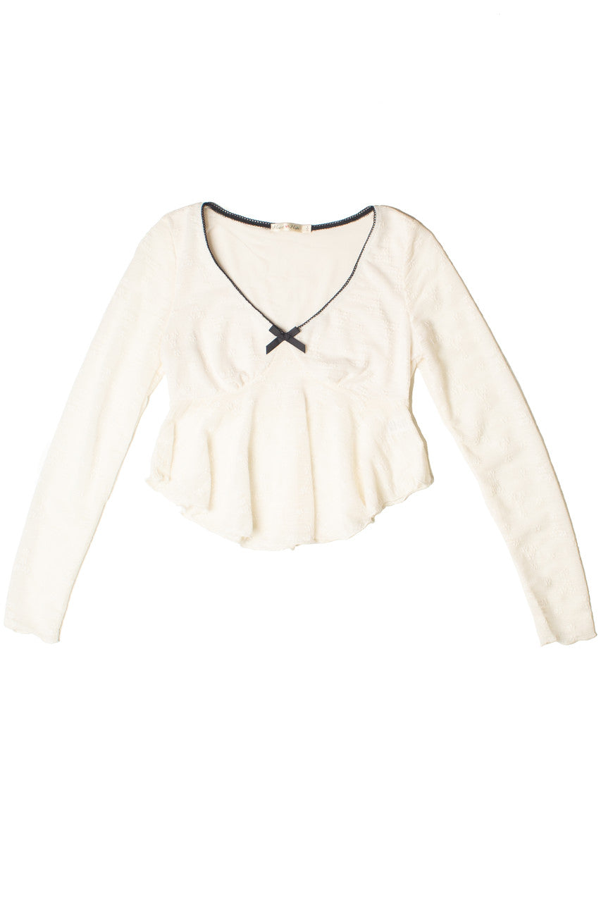 Curved Hem Lace Long Sleeve Bow Top