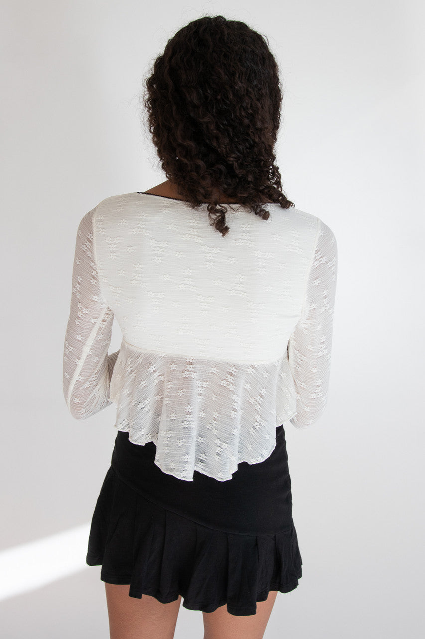 Curved Hem Lace Long Sleeve Bow Top
