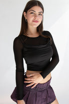 Mesh Long Sleeve Top With Cowl Overlay