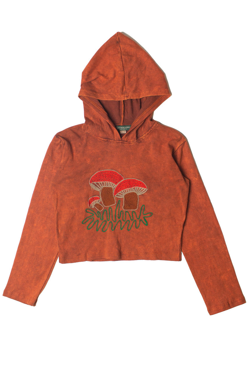 Embroidered Mushroom Mineral Wash Crop Hoodie