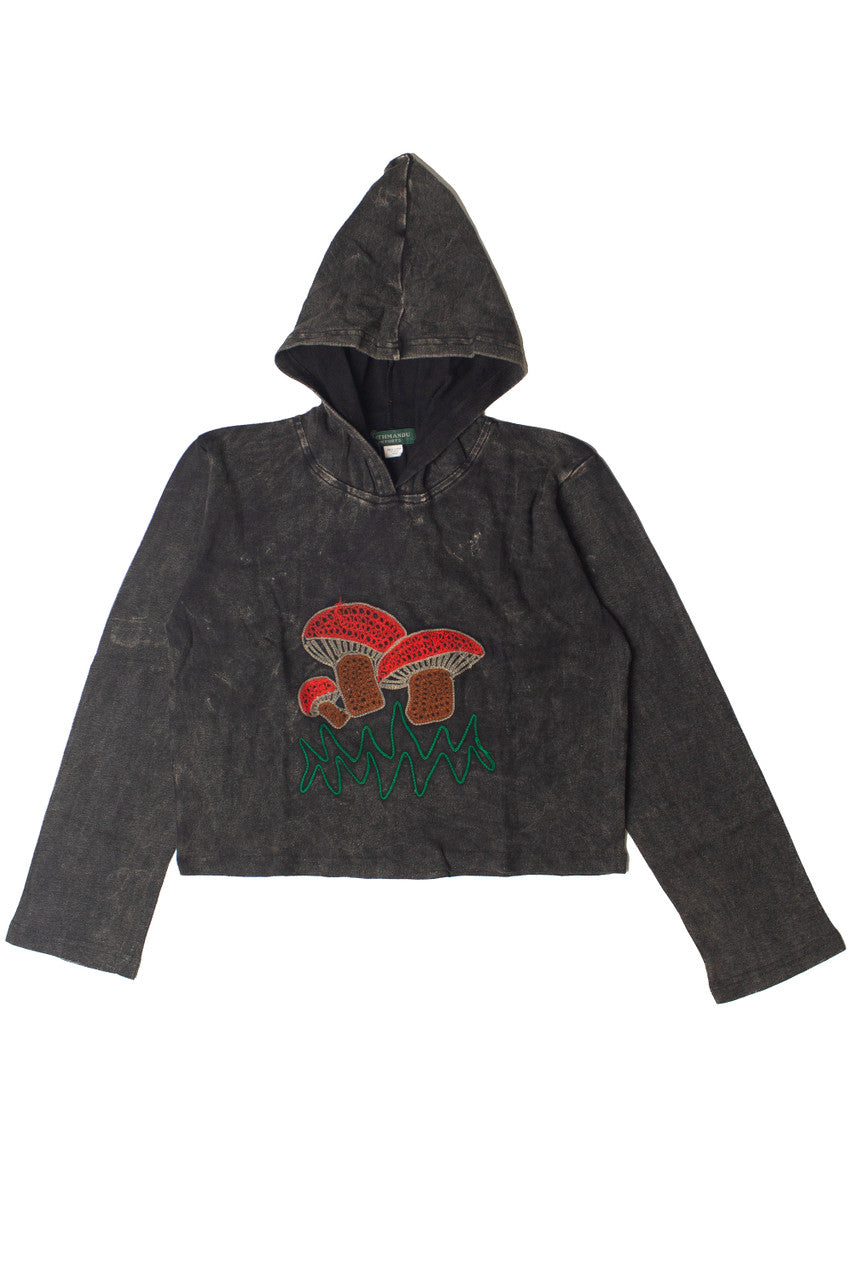 Embroidered Mushroom Mineral Wash Crop Hoodie