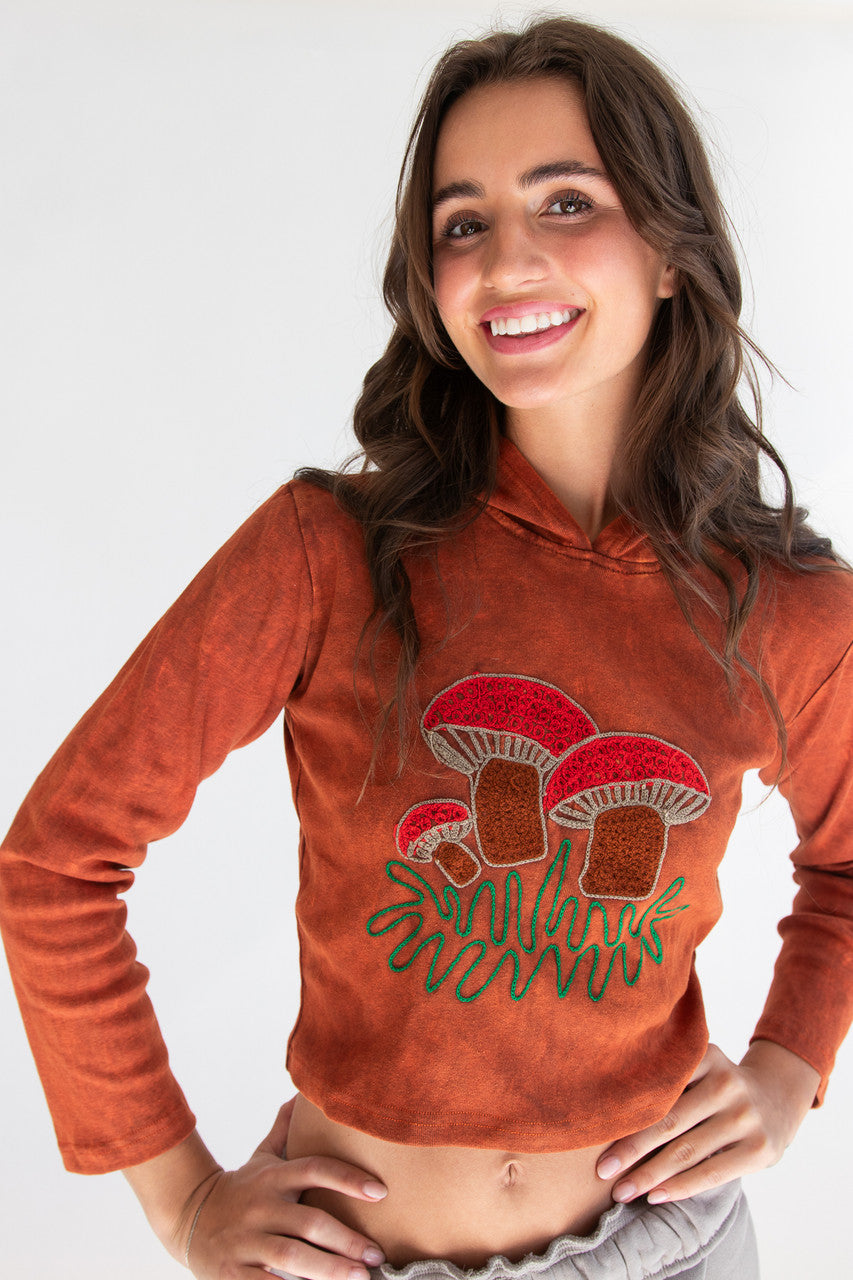 Embroidered Mushroom Mineral Wash Crop Hoodie