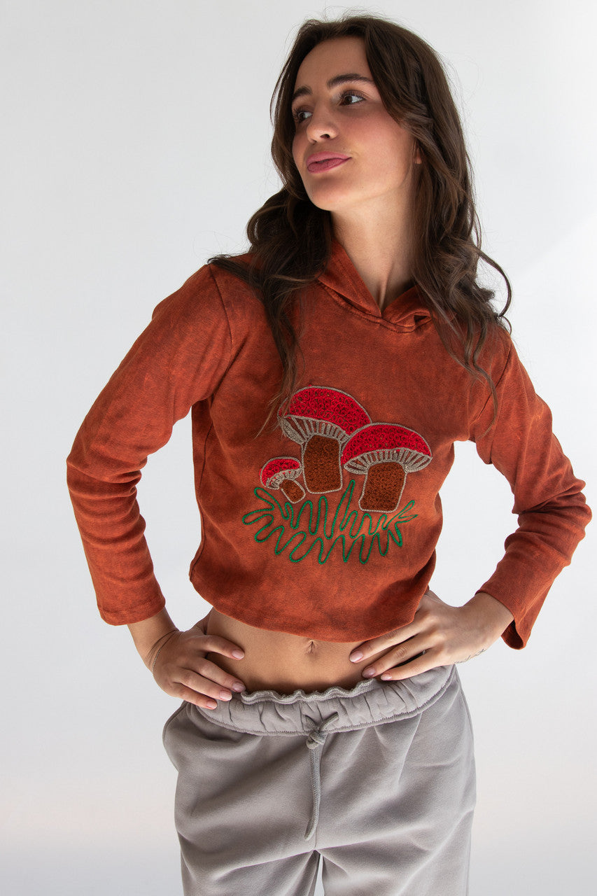 Embroidered Mushroom Mineral Wash Crop Hoodie