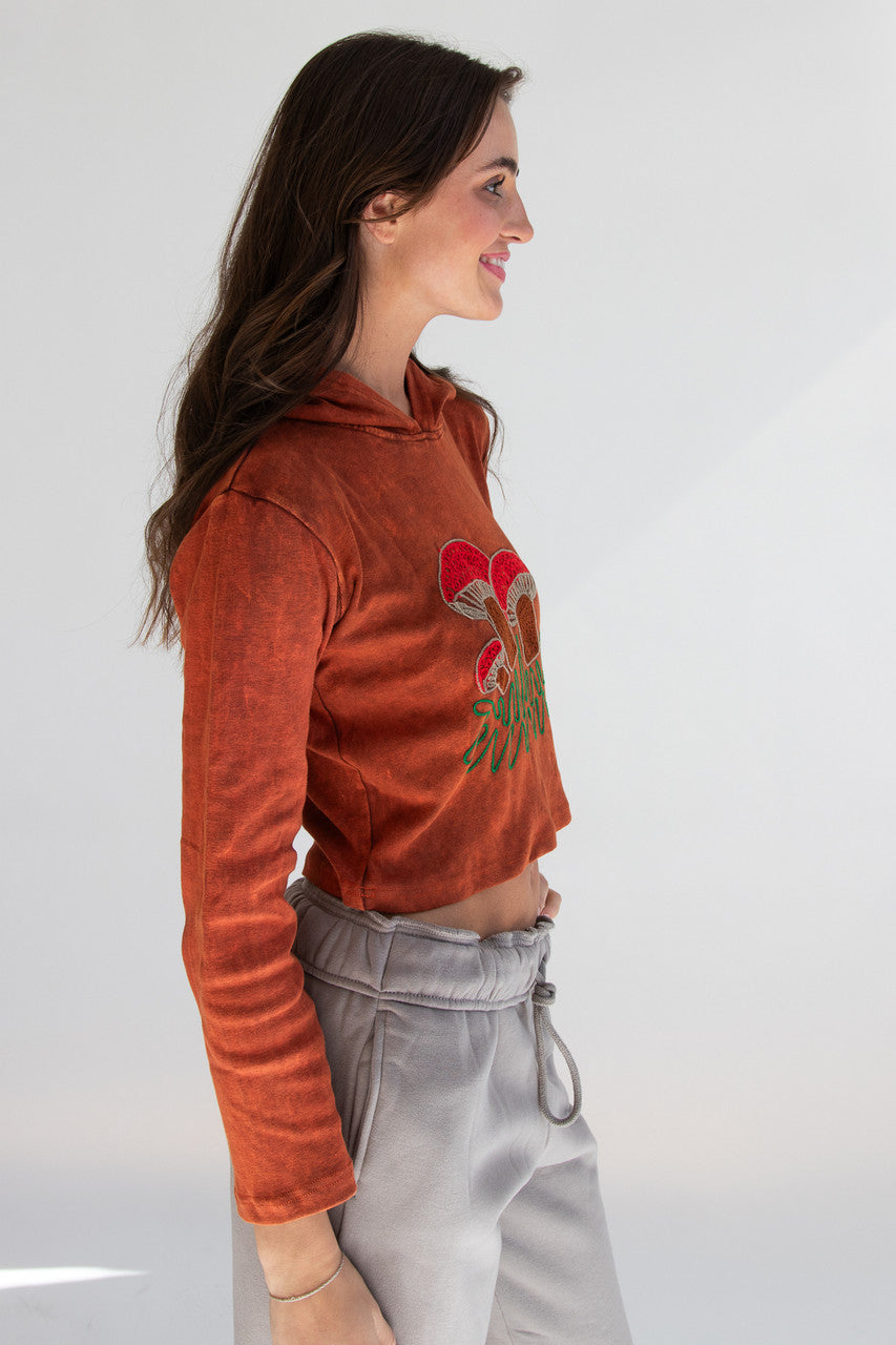 Embroidered Mushroom Mineral Wash Crop Hoodie
