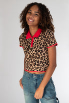 Red Trim Leopard Print Knit Polo