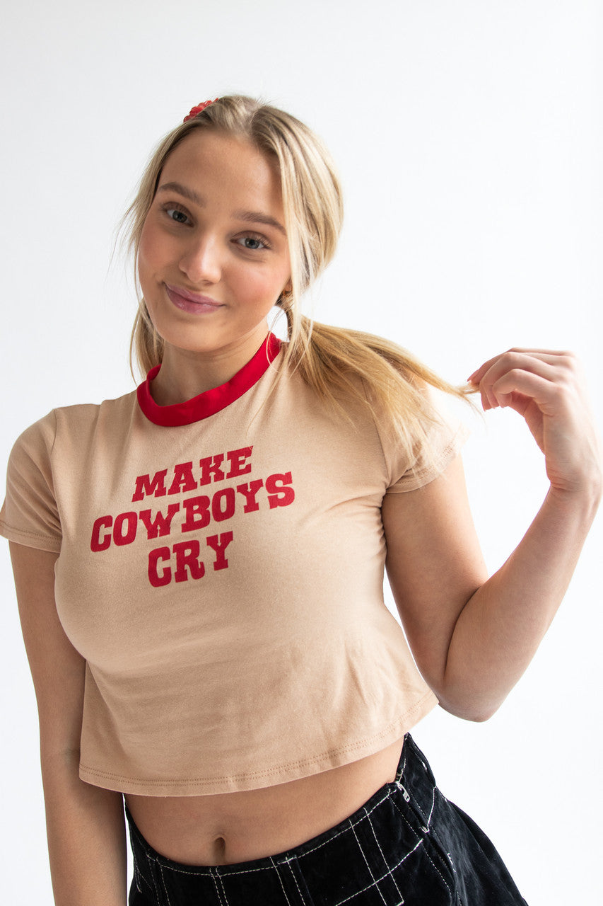Make Cowboys Cry Crop Ringer Tee