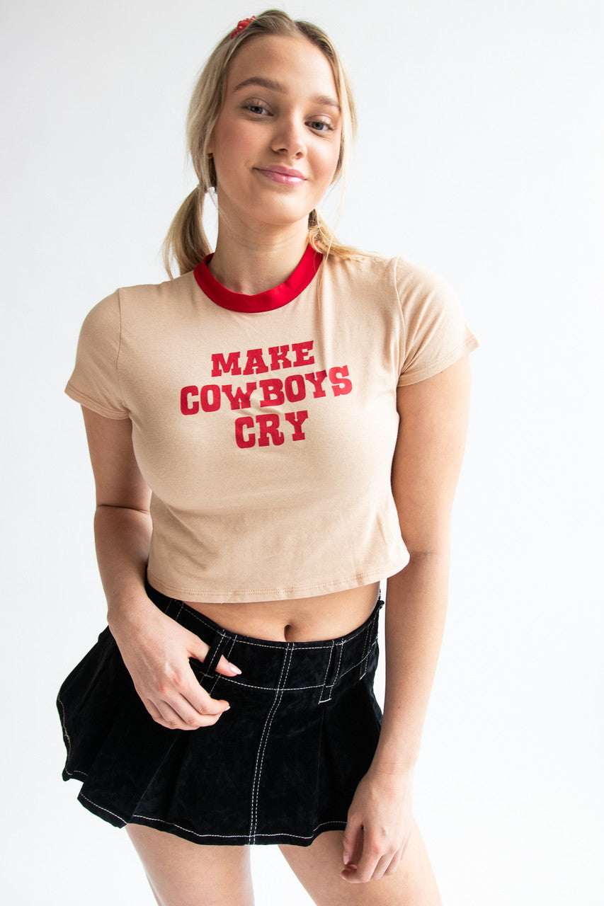 Make Cowboys Cry Crop Ringer Tee