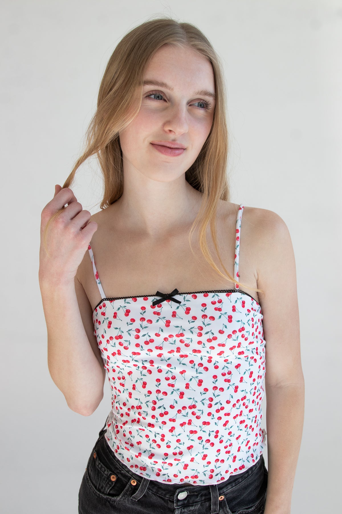 Cherry Print Picot Trim Bow Cami
