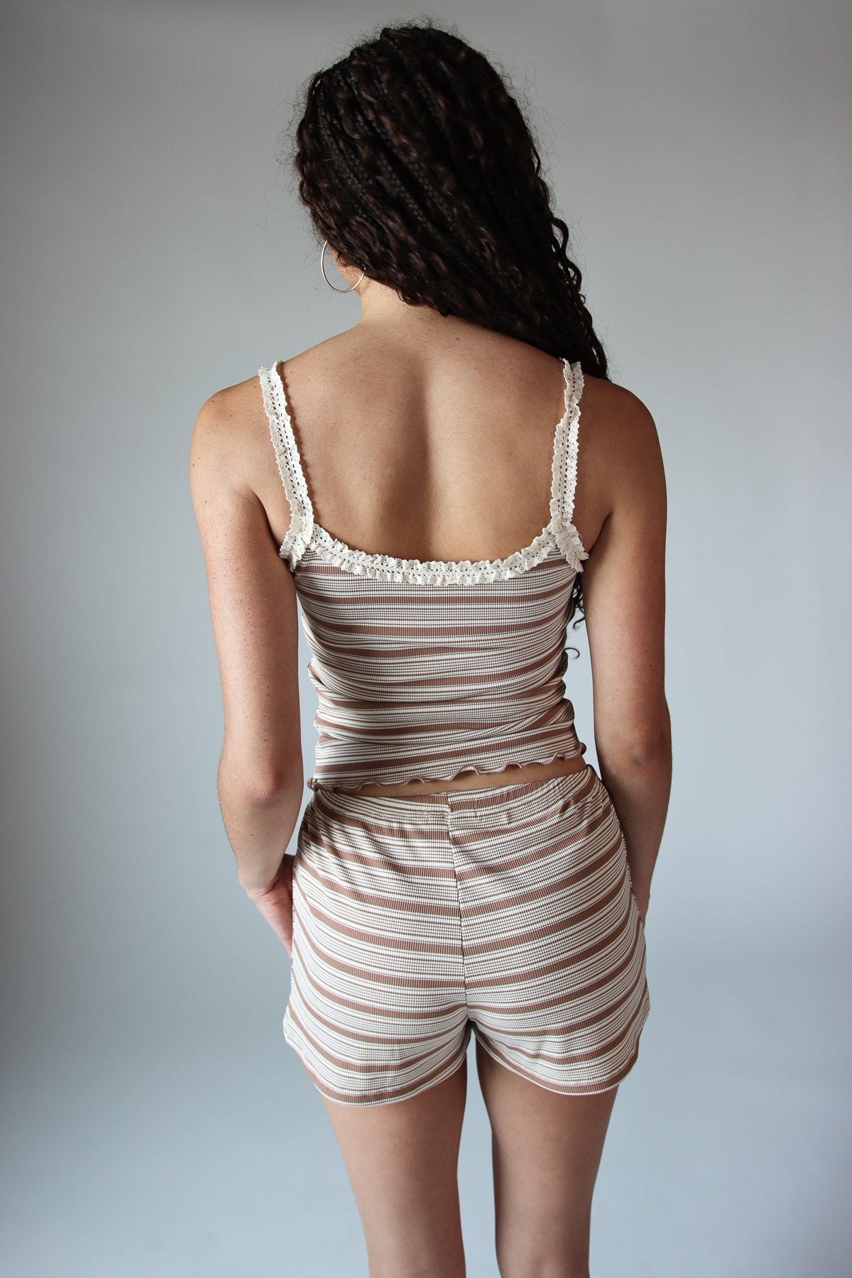 Striped Ribbed Lace Trim Tank Top