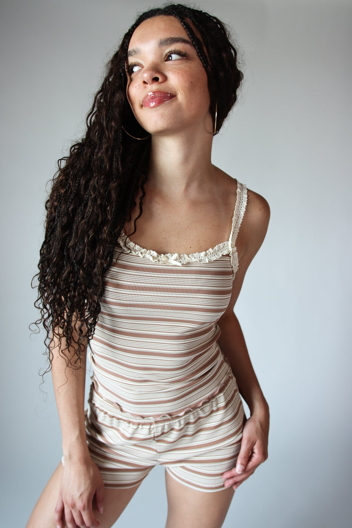 Striped Ribbed Lace Trim Tank Top