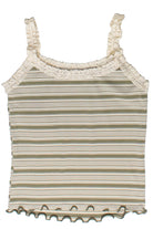 Striped Ribbed Lace Trim Tank Top - Olive