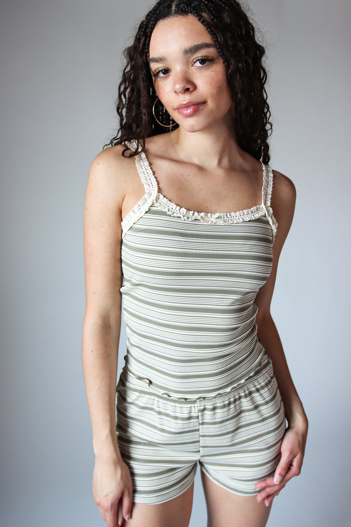 Striped Ribbed Lace Trim Tank Top