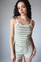 Striped Ribbed Lace Trim Tank Top