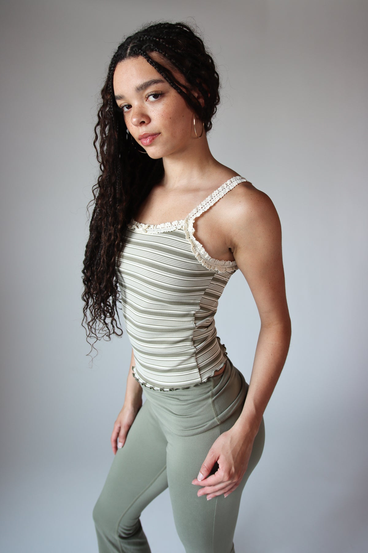 Striped Ribbed Lace Trim Tank Top