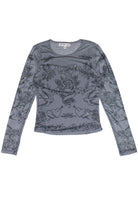 Tattoo Print Mesh Long Sleeve Top - Gray