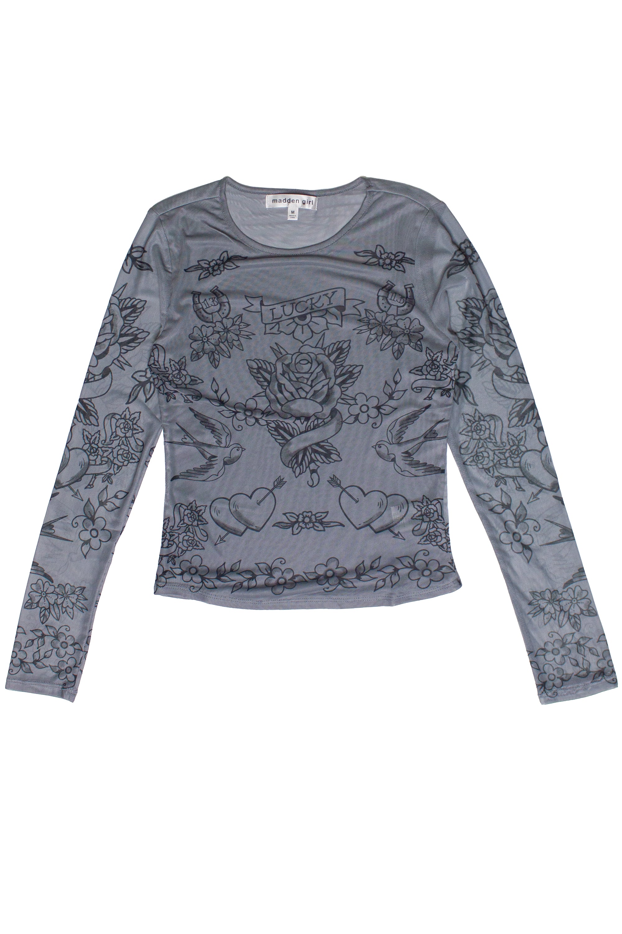 Tattoo Print Mesh Long Sleeve Top - Gray