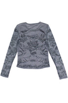 Tattoo Print Mesh Long Sleeve Top - Gray