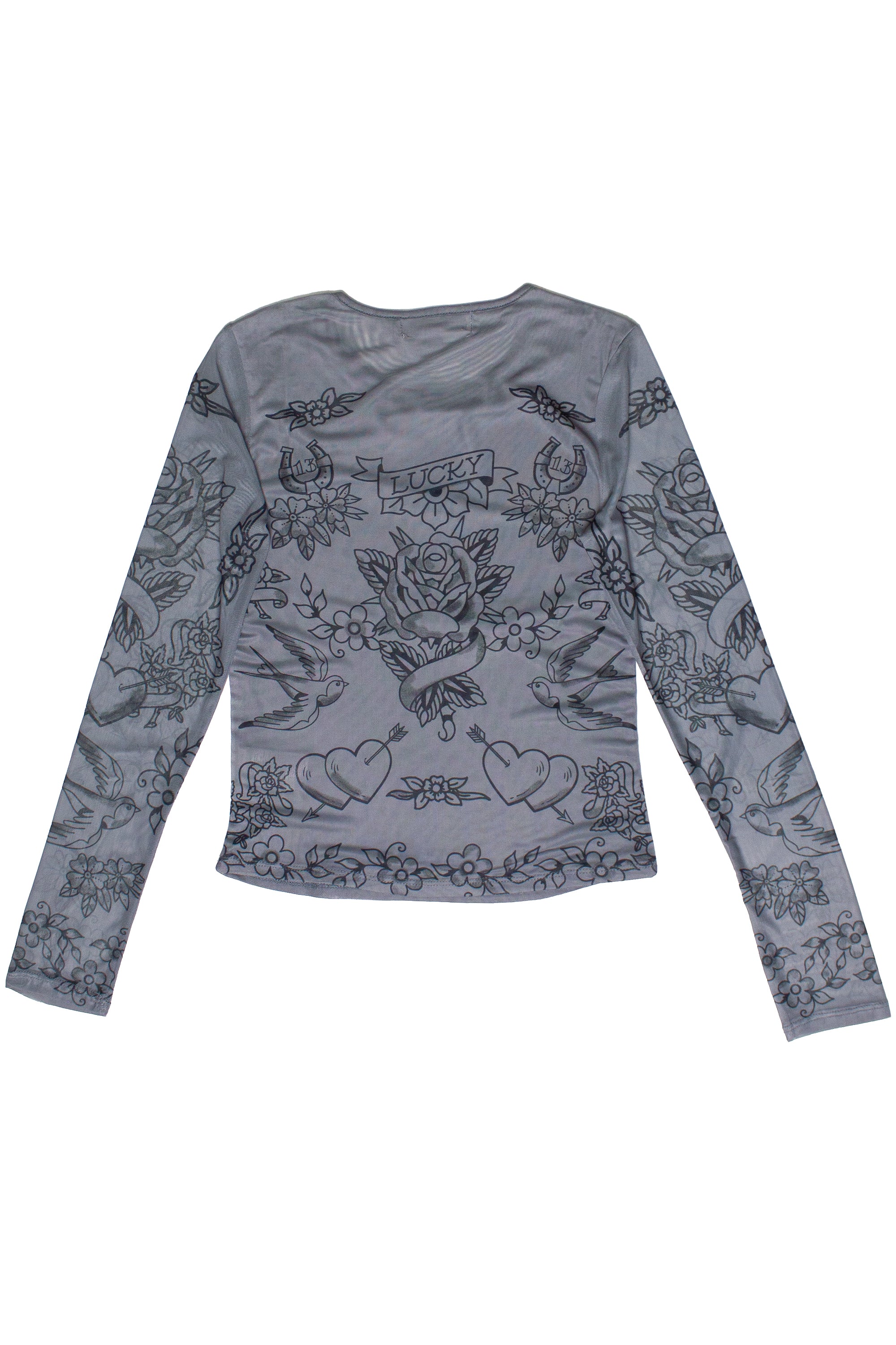 Tattoo Print Mesh Long Sleeve Top - Gray