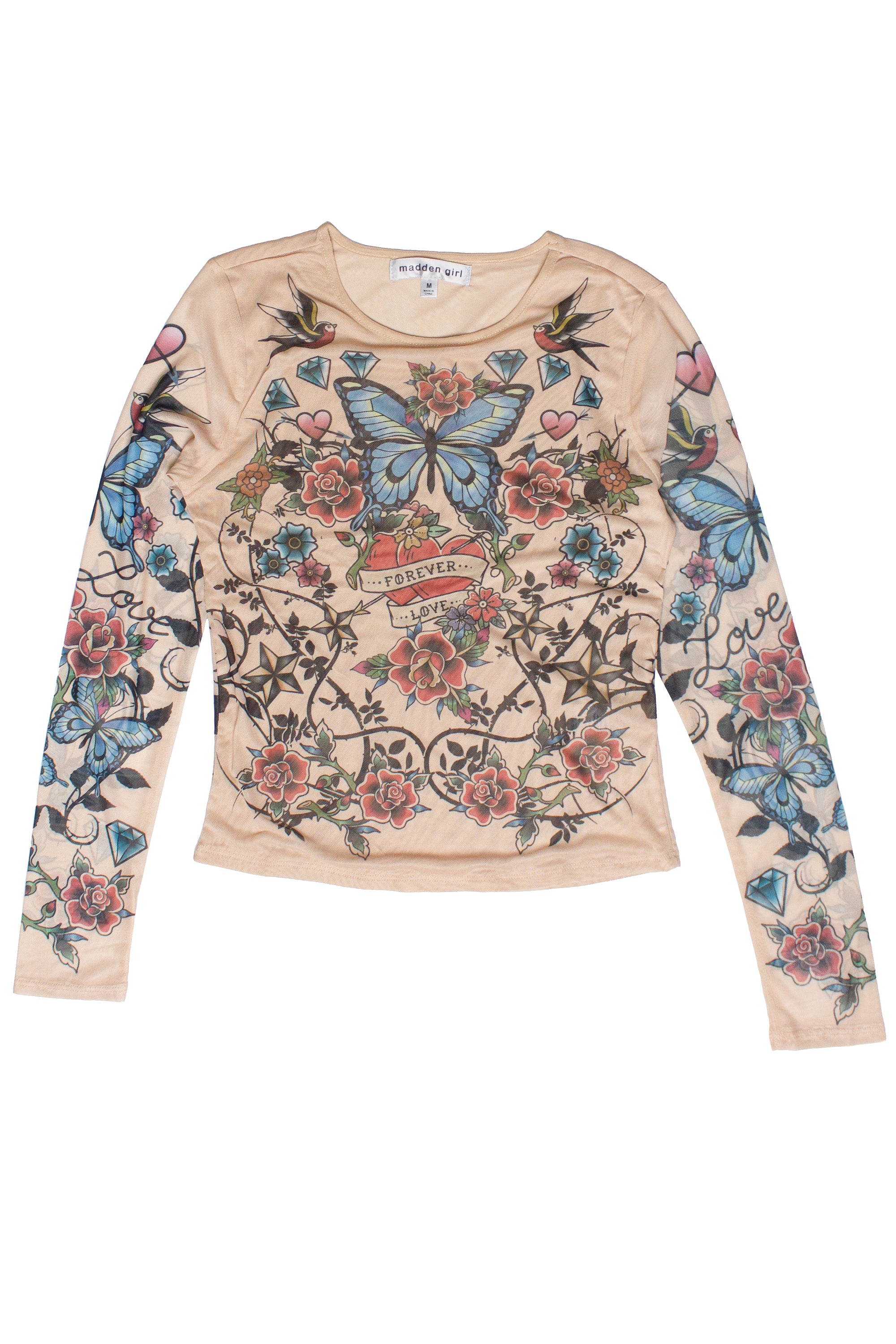 Tattoo Print Mesh Long Sleeve Top - Beige