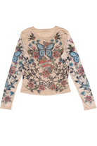 Tattoo Print Mesh Long Sleeve Top - Beige