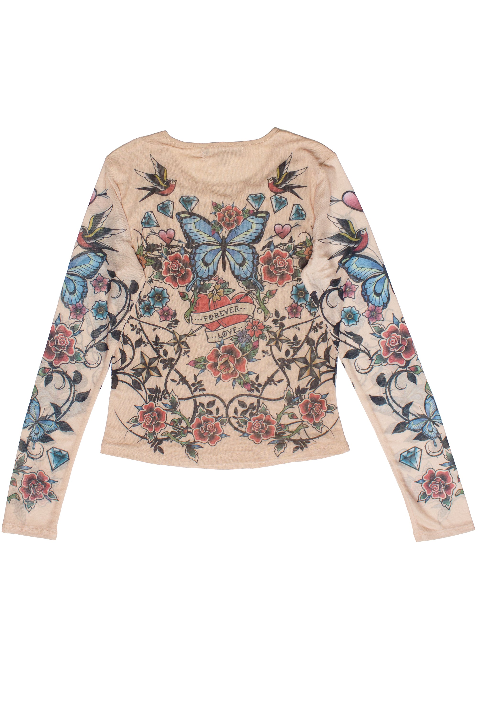 Tattoo Print Mesh Long Sleeve Top - Beige