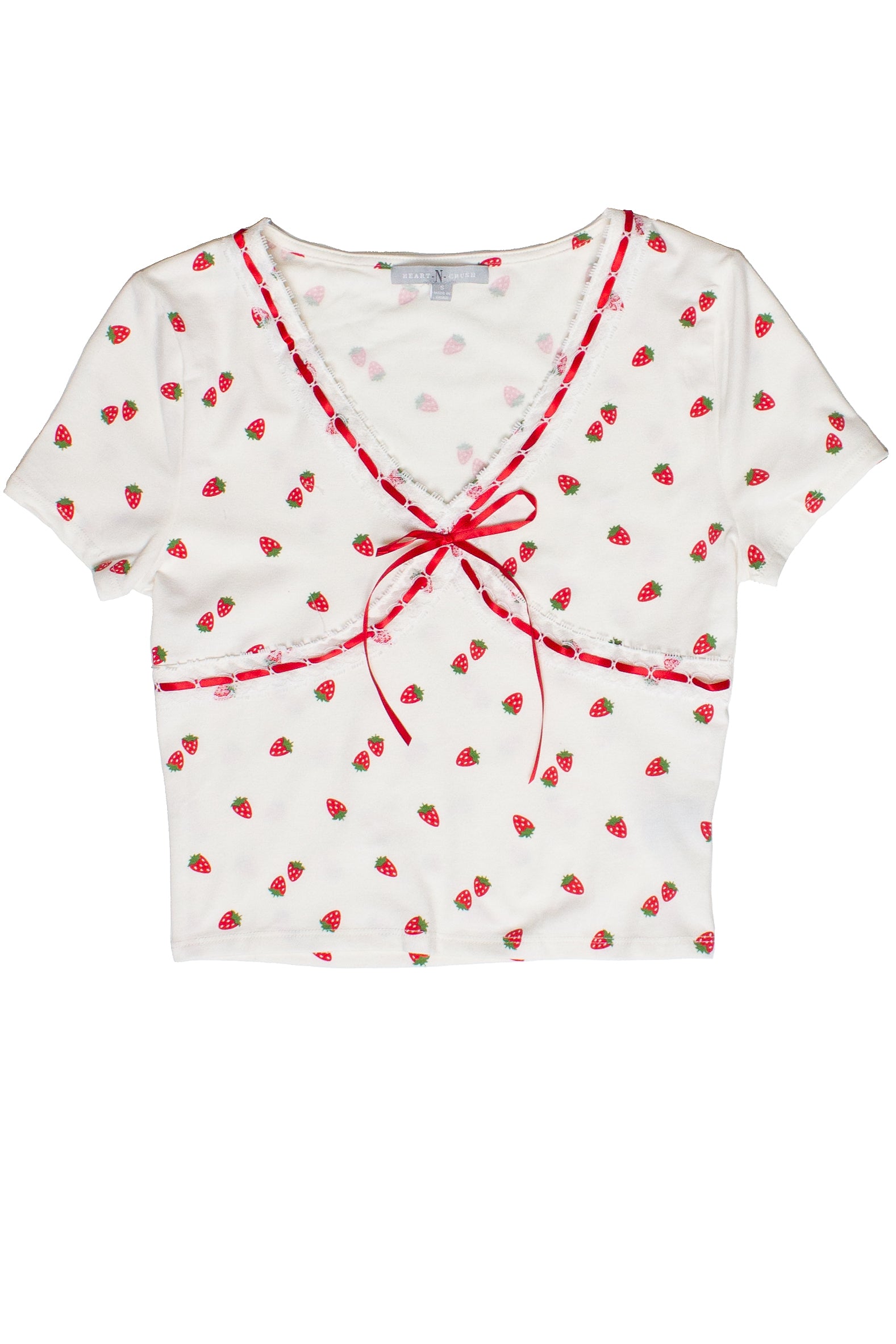 Patterned Ribbon Lace Trim Tee - White/Strawberry
