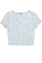 Patterned Ribbon Lace Trim Tee - Light Blue/Floral