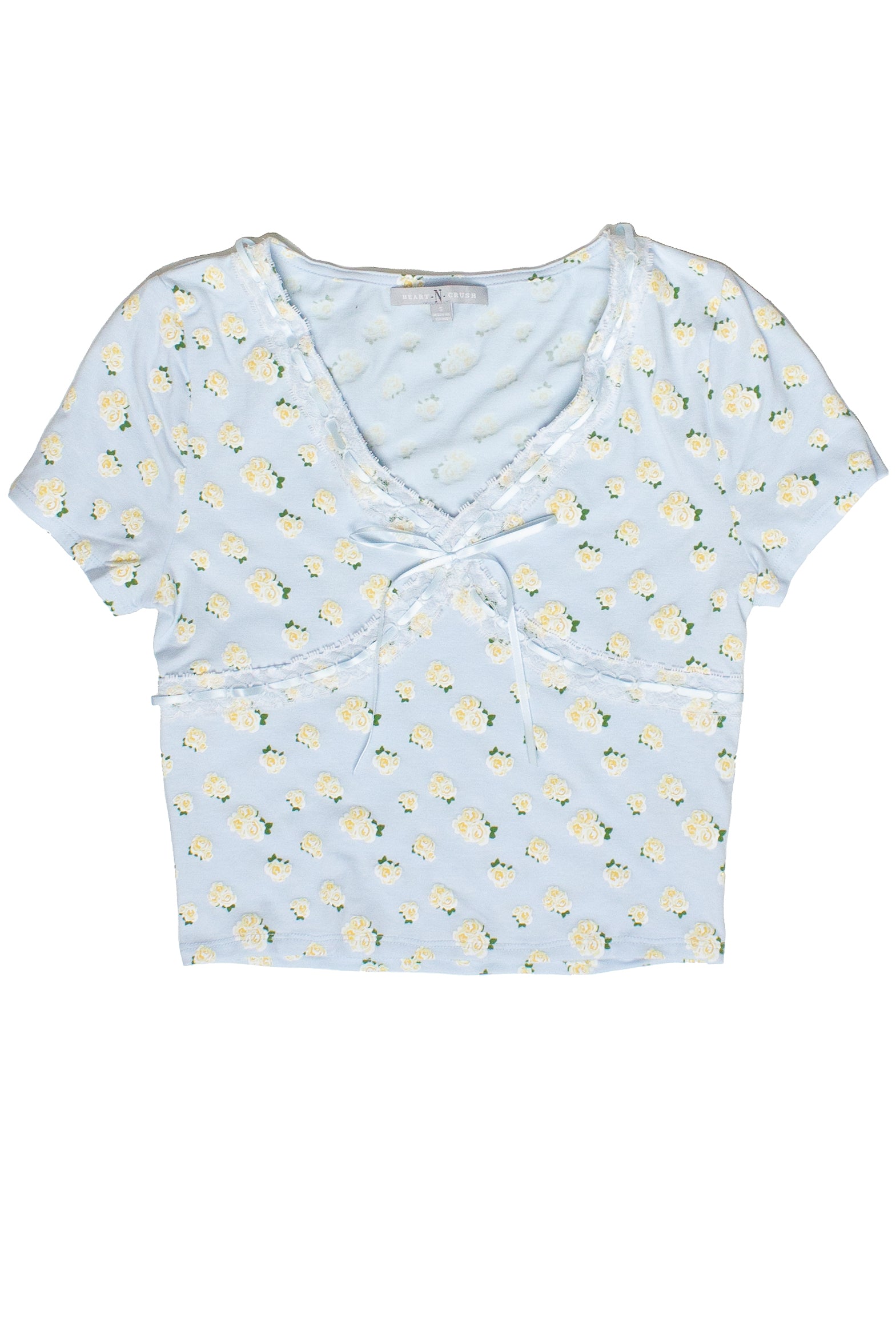 Patterned Ribbon Lace Trim Tee - Light Blue/Floral