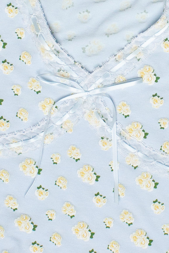 Patterned Ribbon Lace Trim Tee - Light Blue/Floral