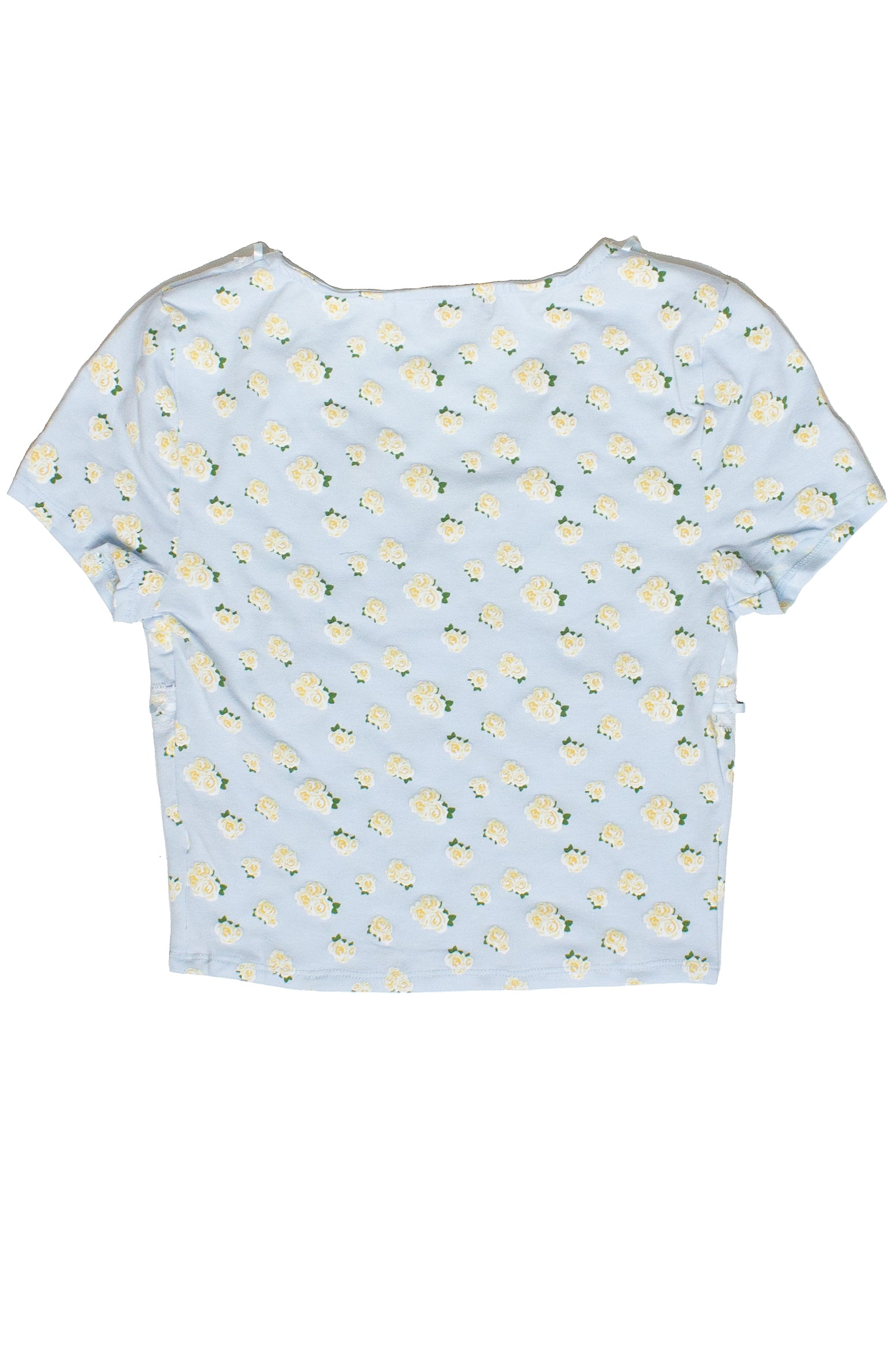 Patterned Ribbon Lace Trim Tee - Light Blue/Floral