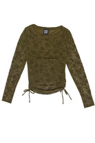 Side Ruched Floral Mesh Long Sleeve Top