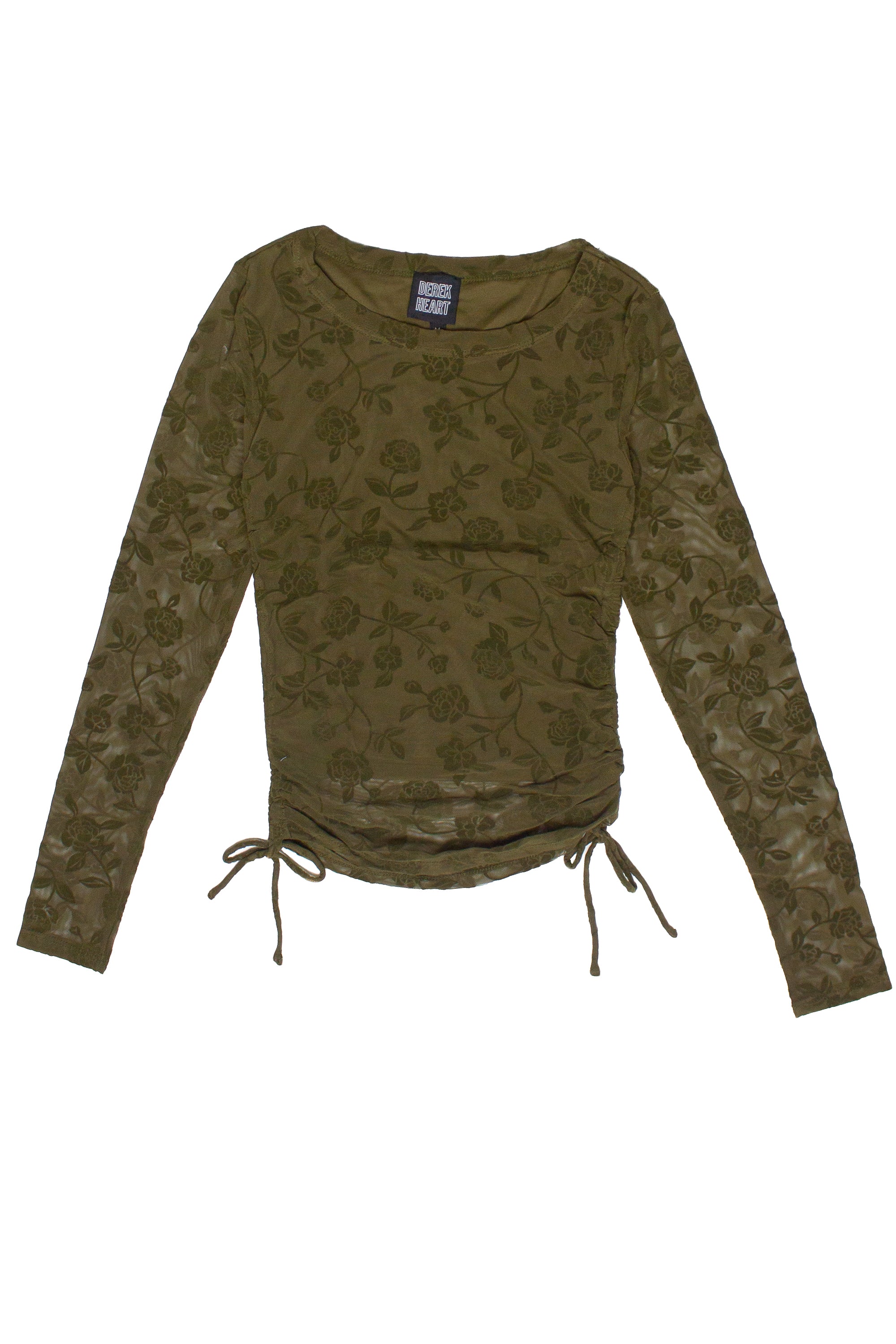 Side Ruched Floral Mesh Long Sleeve Top