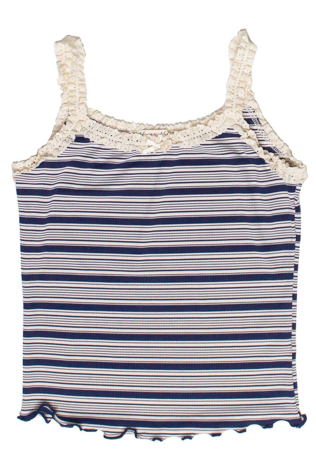 Striped Ribbed Lace Trim Tank Top - Navy