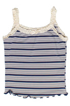 Striped Ribbed Lace Trim Tank Top - Navy