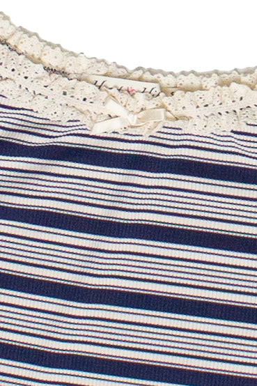 Striped Ribbed Lace Trim Tank Top - Navy