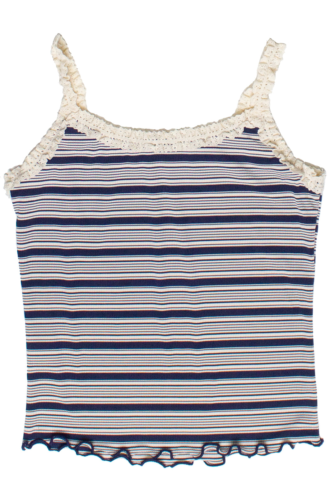 Striped Ribbed Lace Trim Tank Top - Navy