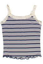 Striped Ribbed Lace Trim Tank Top - Navy
