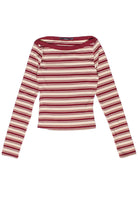 Striped Boat Neck Long Sleeve Top - Red