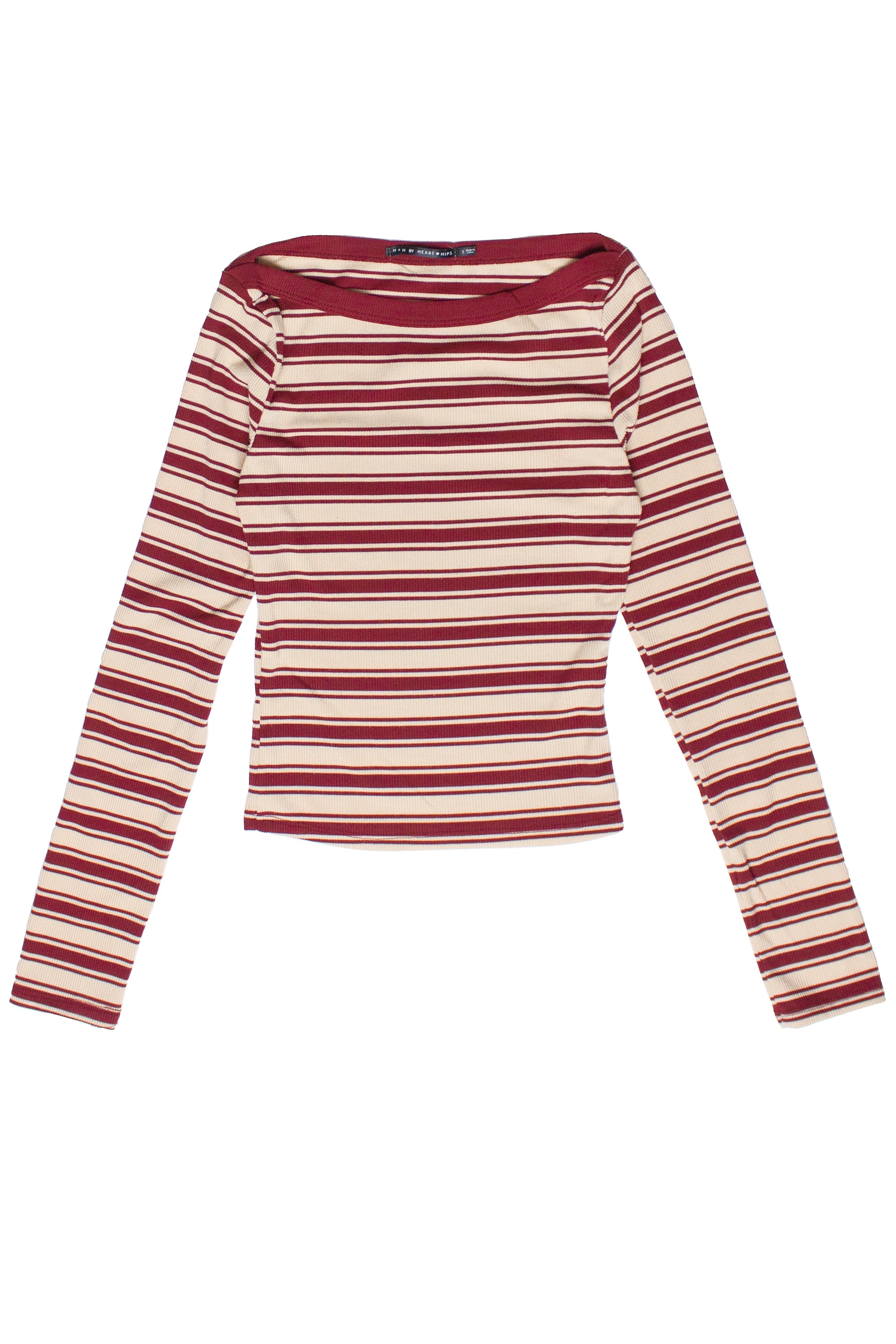Striped Boat Neck Long Sleeve Top - Red