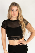 Lace Trim Ribbed Mesh Crop Tee