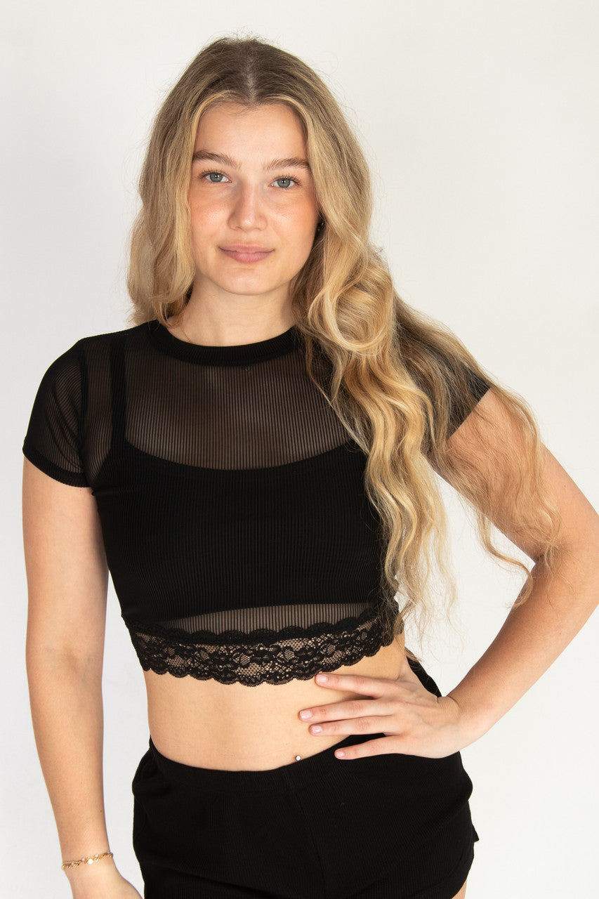 Lace Trim Ribbed Mesh Crop Tee