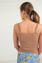 Brown Ruched Lace Trim Cami
