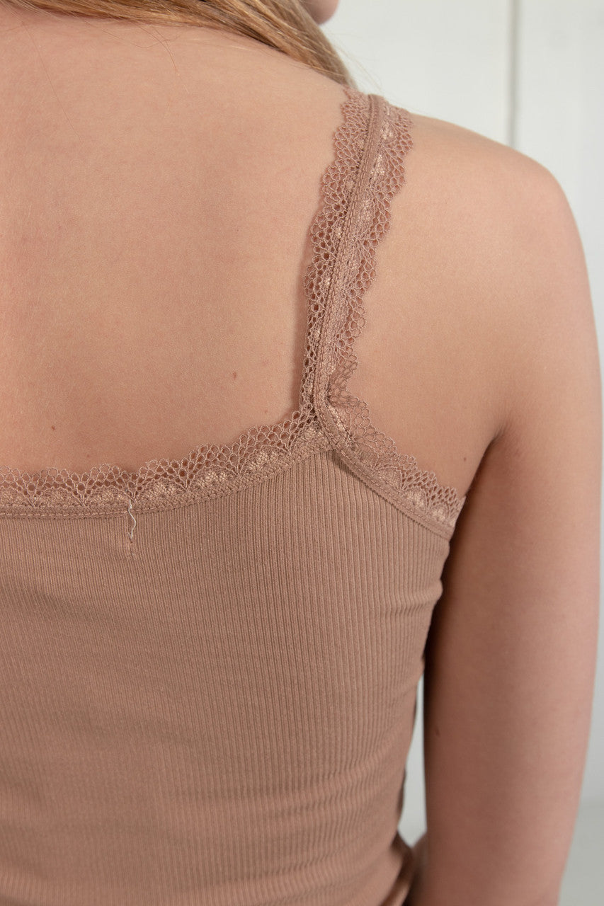 Brown Ruched Lace Trim Cami