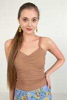 Brown Ruched Lace Trim Cami
