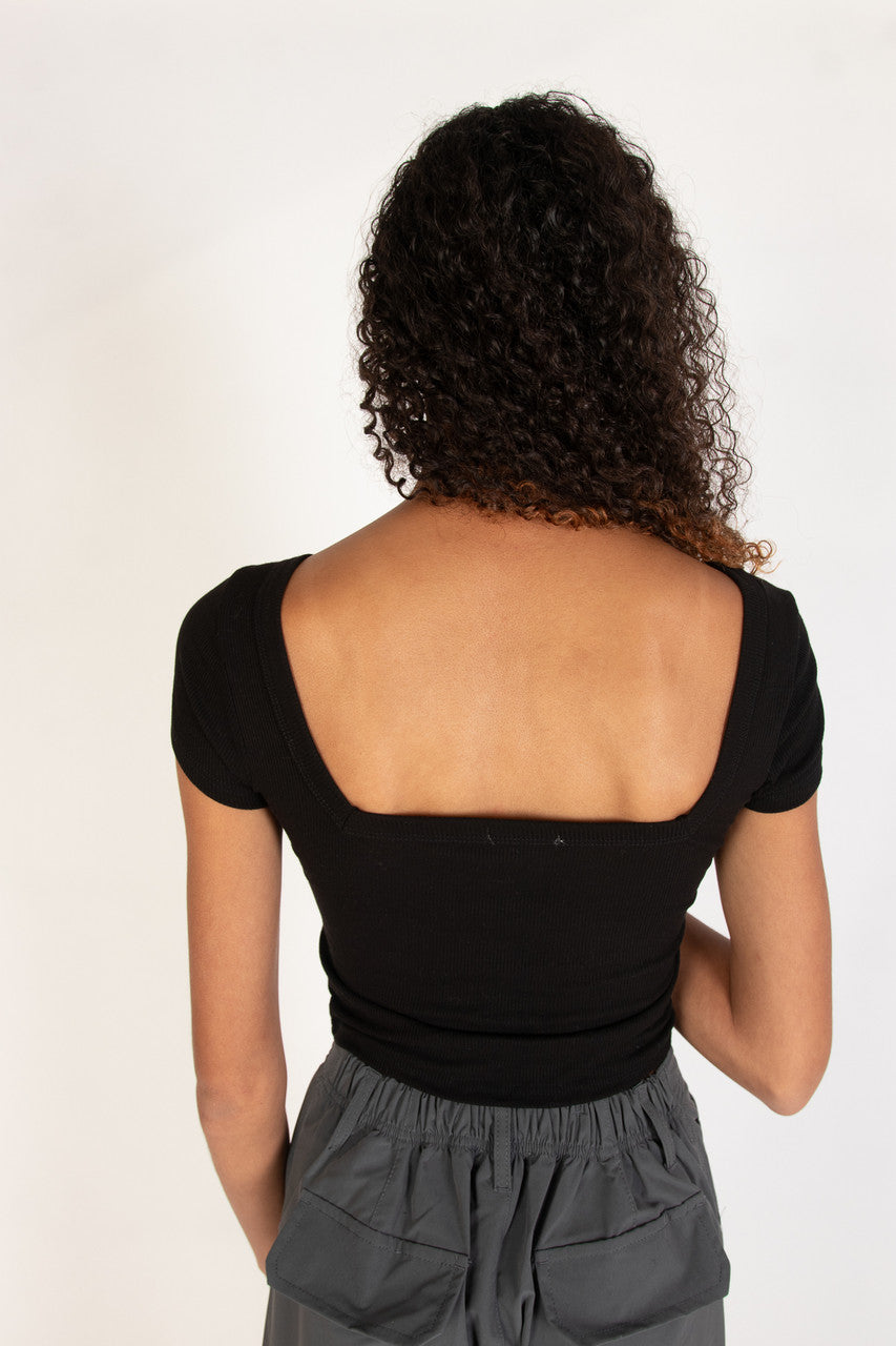 Black Square Neck Button Front Crop Tee