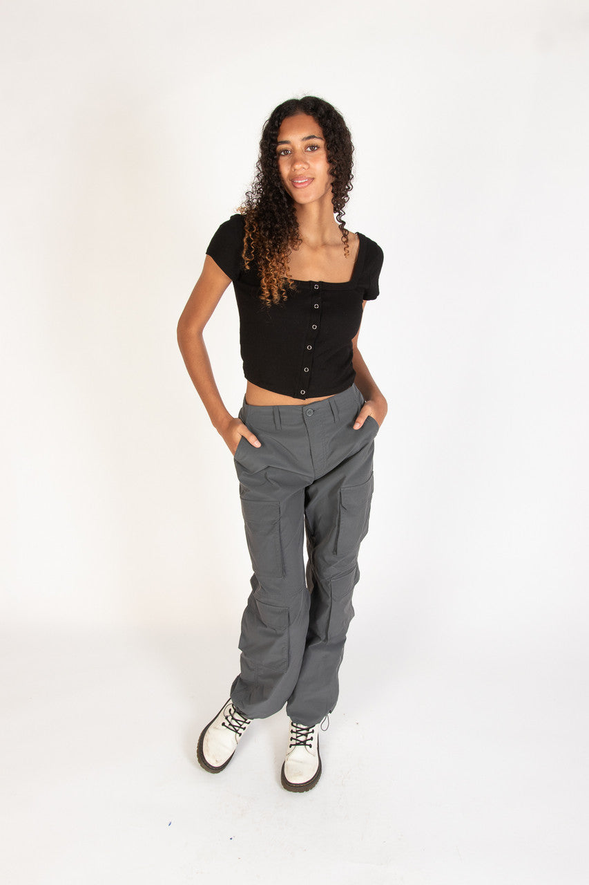 Black Square Neck Button Front Crop Tee