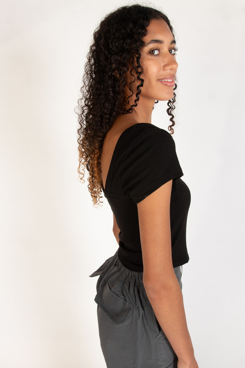 Black Square Neck Button Front Crop Tee