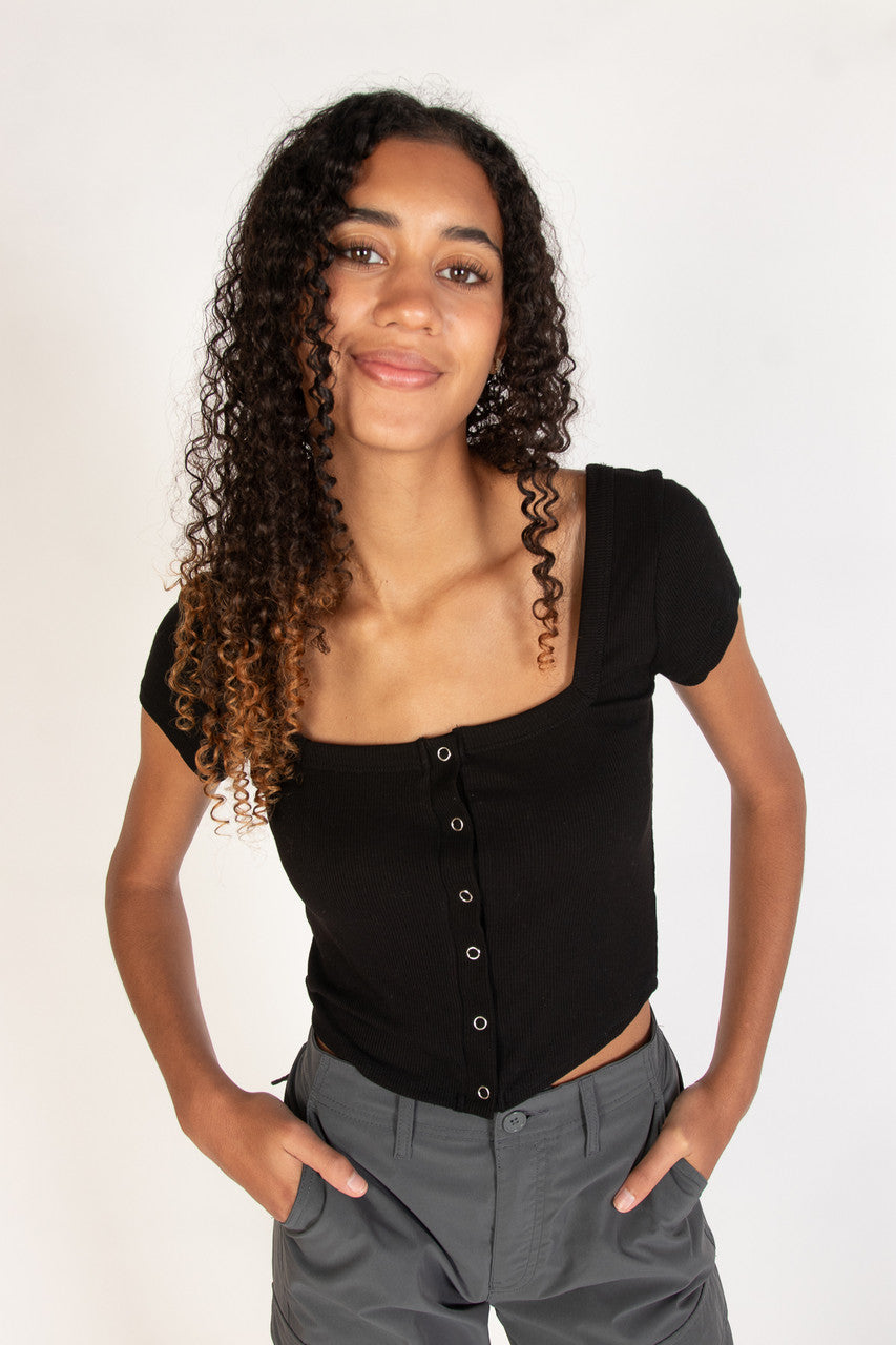 Black Square Neck Button Front Crop Tee